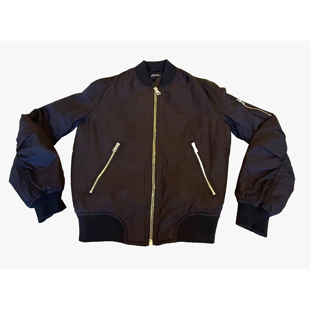 TOPSHOP Women's Moto Bomber Black Satin‎ Zipper Streetwear Jacket ~ Size 2